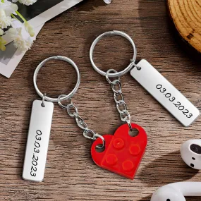 Personalized Date Matching Couples Love Heart Bricks Keychain for Couples