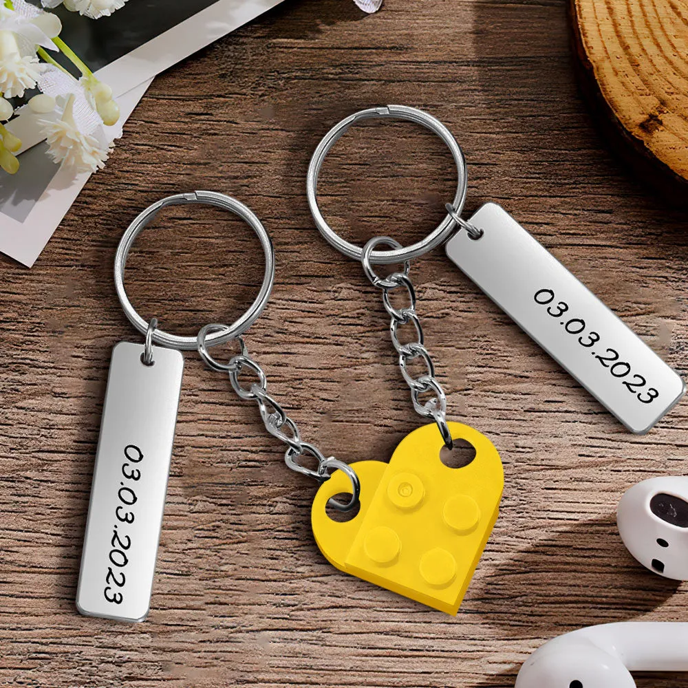 Personalized Date Matching Couples Love Heart Bricks Keychain for Couples