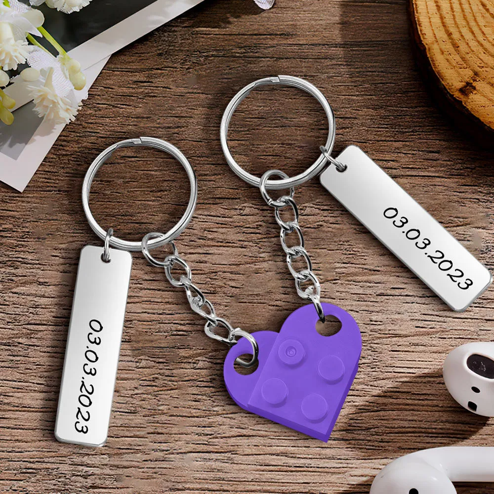 Personalized Date Matching Couples Love Heart Bricks Keychain for Couples