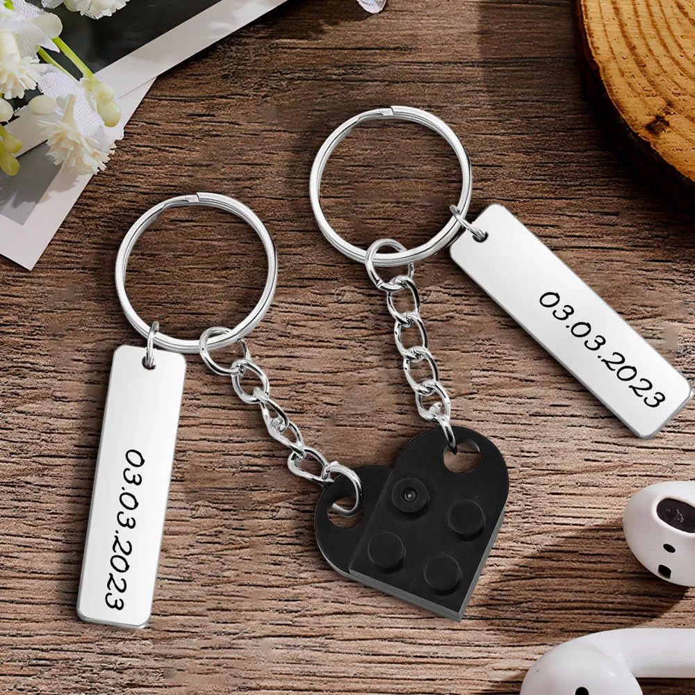 Personalized Date Matching Couples Love Heart Bricks Keychain for Couples