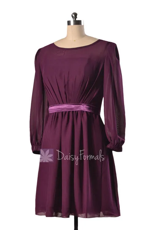 Purple Chiffon Bridesmaid Dress Short Byzantium Formal Dress W/Long Sleeves(BM133)