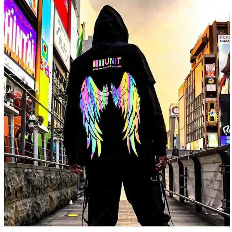 Reflective Wings Print Hoodie Women Winter Autumn Men Tops Pullover Couple Hoodie Sweatshirts