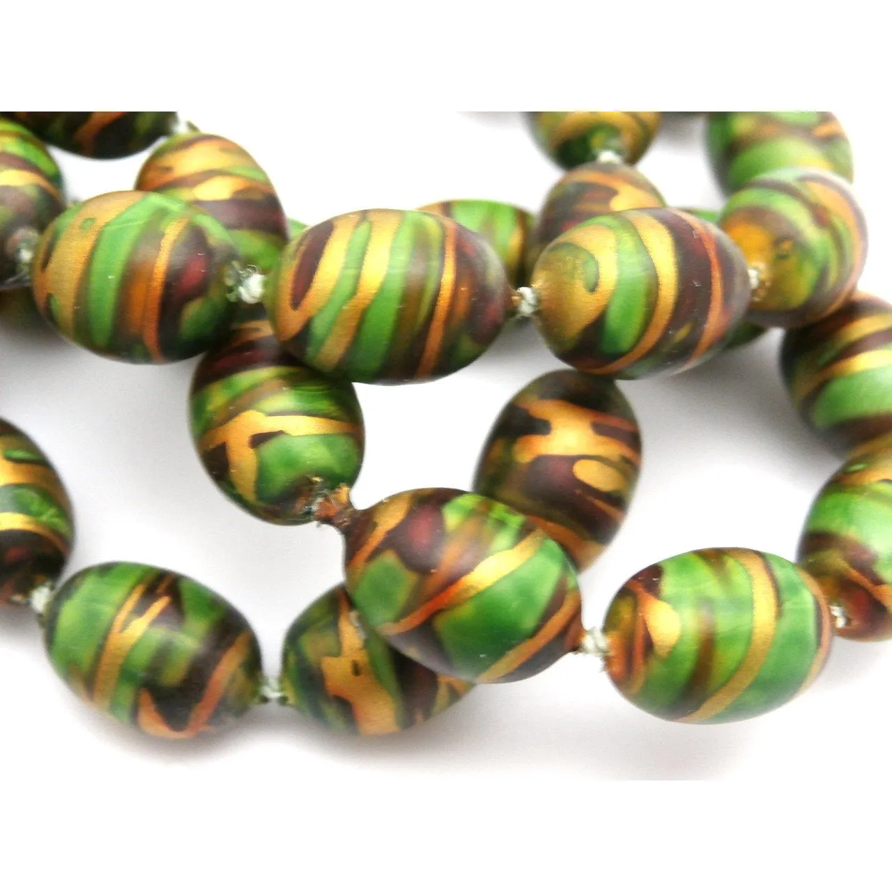 Retro 1920s Beads 35" Long Vintage Necklace Paper Mache Beads  Green,Copper and Gold