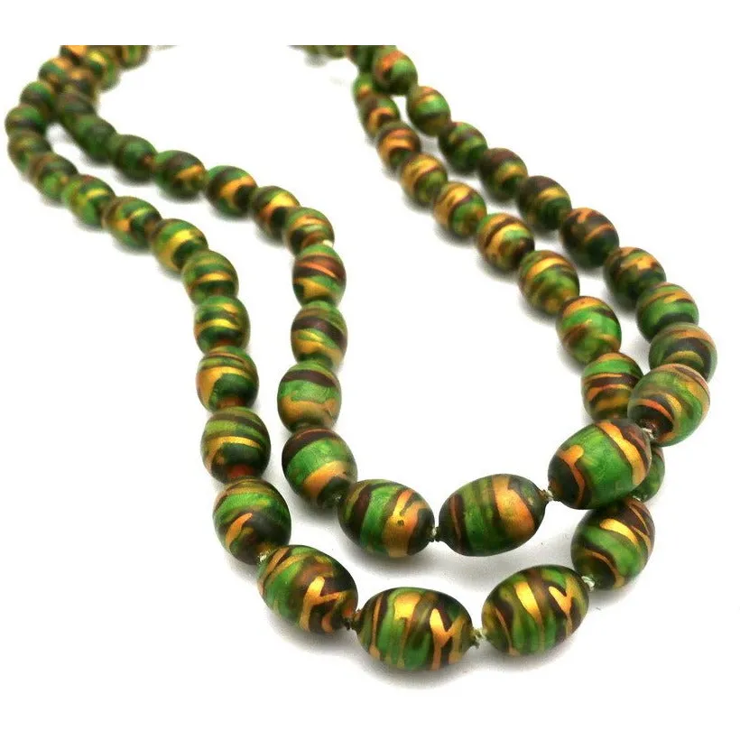 Retro 1920s Beads 35" Long Vintage Necklace Paper Mache Beads  Green,Copper and Gold