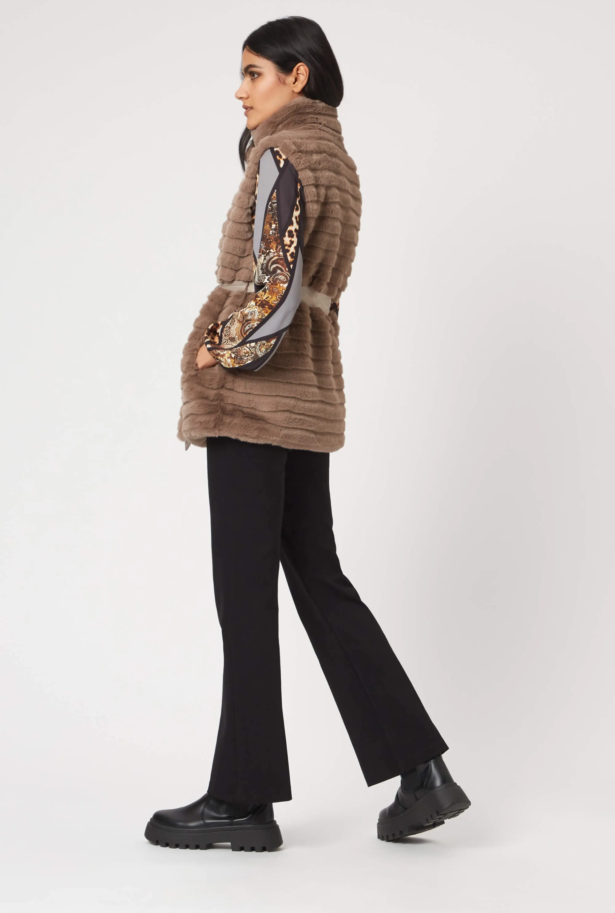 Ribbed Faux Fur Gilet with Belt Taupe