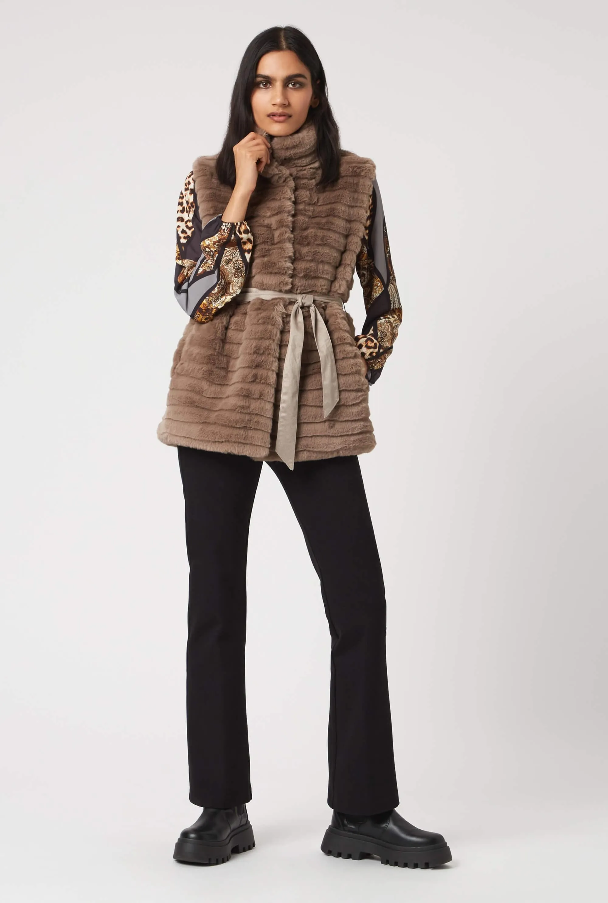 Ribbed Faux Fur Gilet with Belt