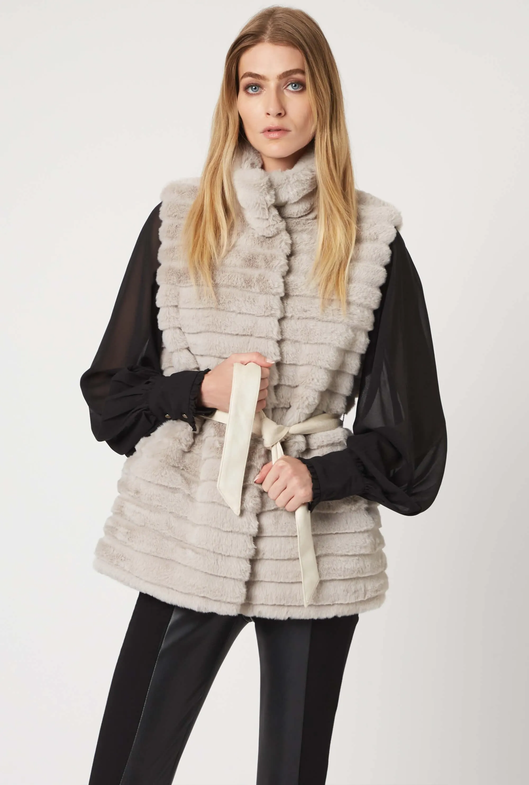 Ribbed Faux Fur Gilet with Belt