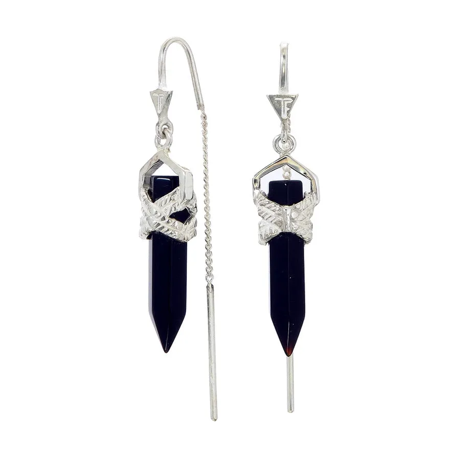 ROPE BEZEL PULL THROUGH EARRINGS BLACK ONYX - SILVER