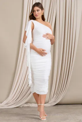 Streamer | Robe mi-longue de grossesse asymétrique blanche à volants