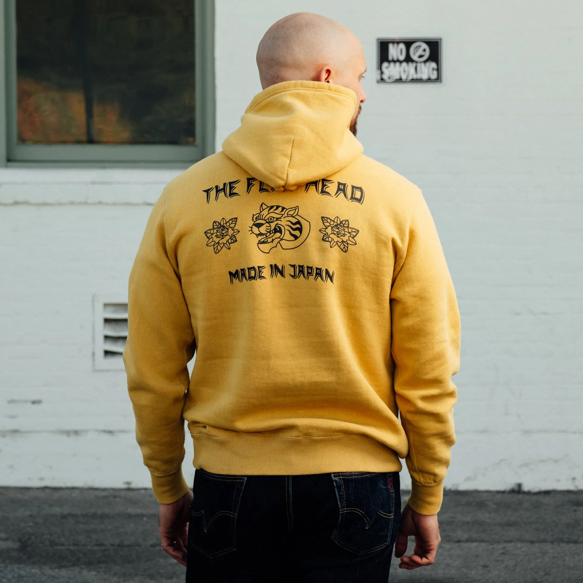 The Flat Head Sweatshirt Hoodie Brushed Lining Made in Japan Mustard Print