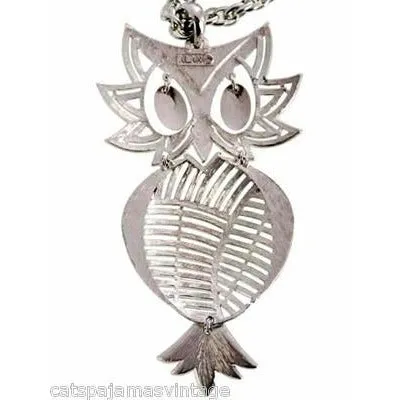 Vintage Articulated Owl Pendant Necklace Silver Tone Signed Alan 1970s Large