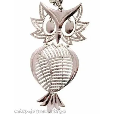 Vintage Articulated Owl Pendant Necklace Silver Tone Signed Alan 1970s Large