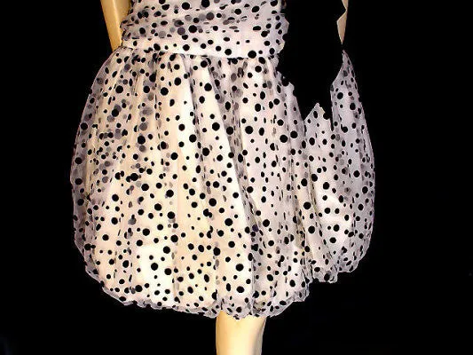 *VINTAGE NANCY BRACCOLONI BLACK VELVET FLOCKED DOTS WITH SWEETHEART NECK BUBBLE BALLOON PARTY DRESS