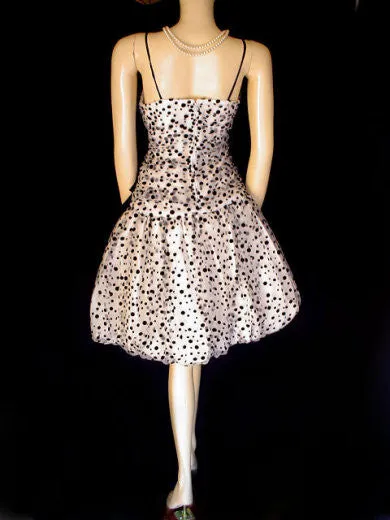 *VINTAGE NANCY BRACCOLONI BLACK VELVET FLOCKED DOTS WITH SWEETHEART NECK BUBBLE BALLOON PARTY DRESS