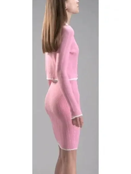 Women’s Bicolor Pink and White Knit Gold-Embossed Buttoned Cardigan and Mini Skirt Set