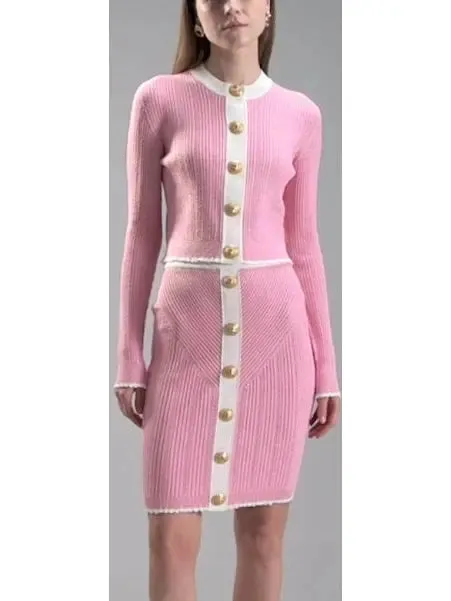 Women’s Bicolor Pink and White Knit Gold-Embossed Buttoned Cardigan and Mini Skirt Set