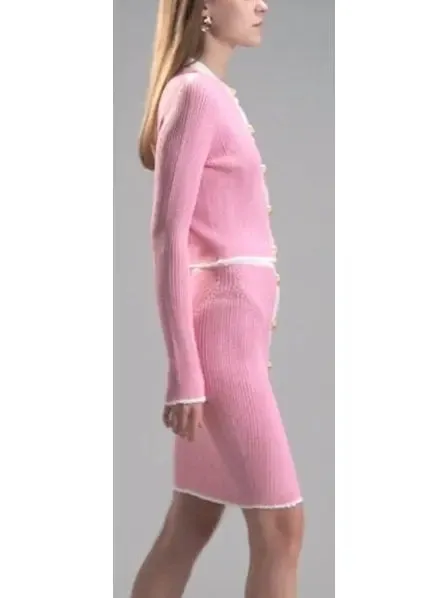 Women’s Bicolor Pink and White Knit Gold-Embossed Buttoned Cardigan and Mini Skirt Set