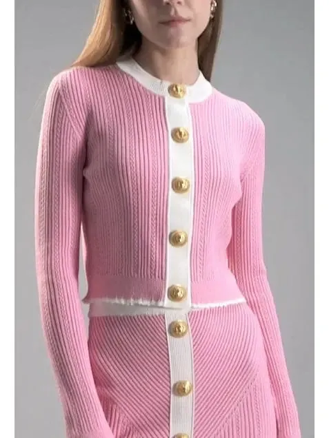 Women’s Bicolor Pink and White Knit Gold-Embossed Buttoned Cardigan and Mini Skirt Set