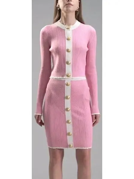 Women’s Bicolor Pink and White Knit Gold-Embossed Buttoned Cardigan and Mini Skirt Set