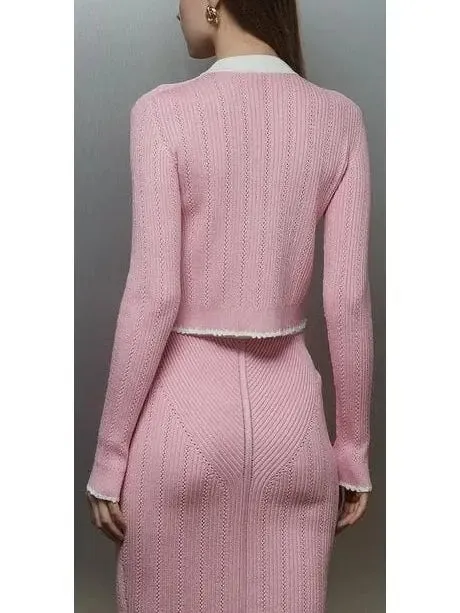 Women’s Bicolor Pink and White Knit Gold-Embossed Buttoned Cardigan and Mini Skirt Set