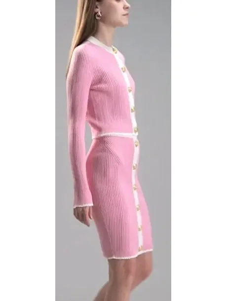 Women’s Bicolor Pink and White Knit Gold-Embossed Buttoned Cardigan and Mini Skirt Set