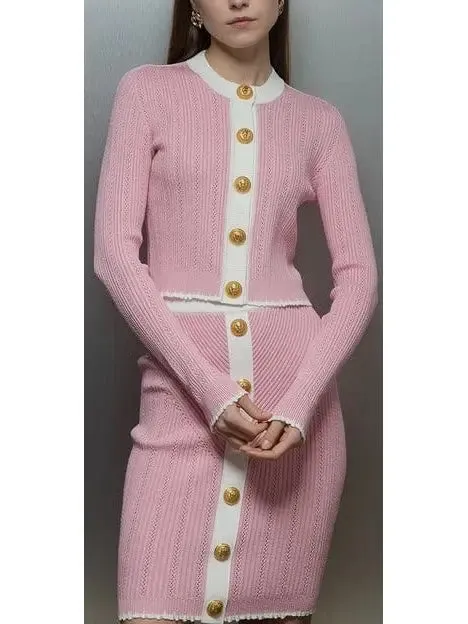 Women’s Bicolor Pink and White Knit Gold-Embossed Buttoned Cardigan and Mini Skirt Set